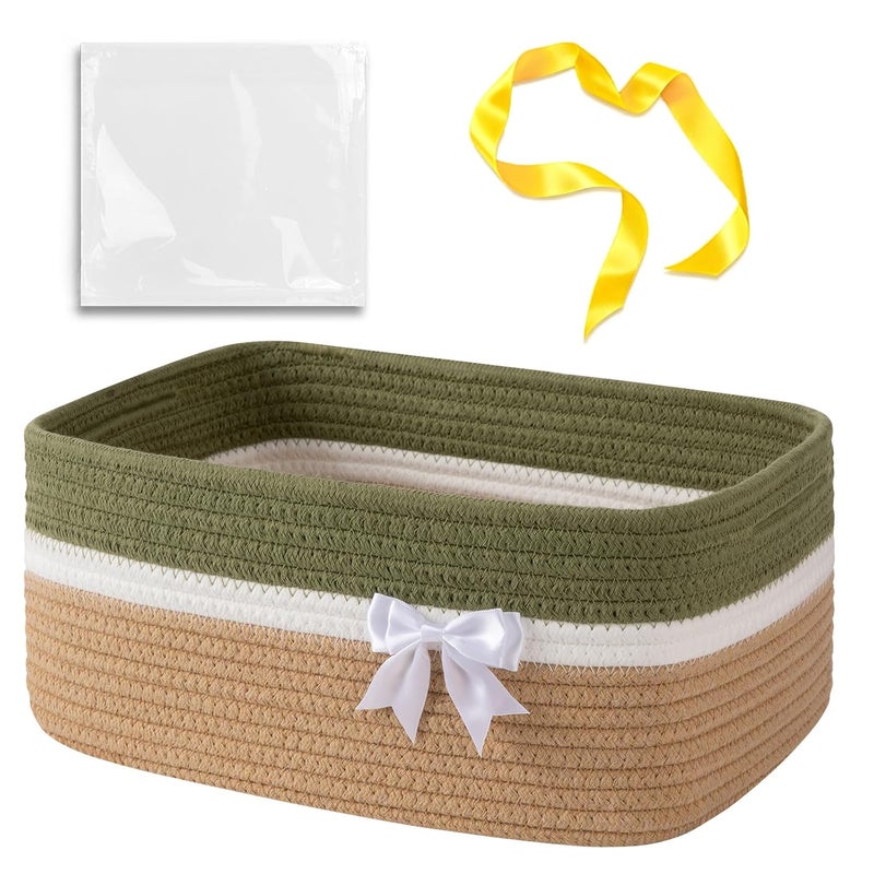 OIAHOMY Large Woven Storage Basket with Handles for Nursery Living Room Shelves, Bow Basket for Gifts Empty with Gift Bags and Ribbons for Baby Showers Pet Toy Bin - Light Green & Yellow - Image 1